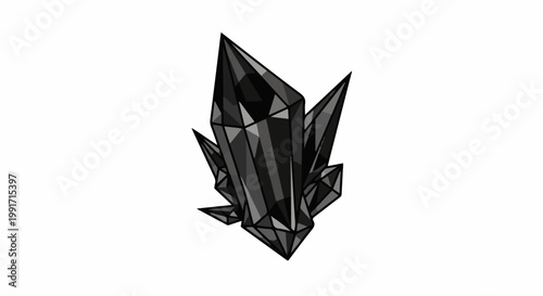 A cluster of sharp, faceted dark crystals with reflective surfaces and defined edges