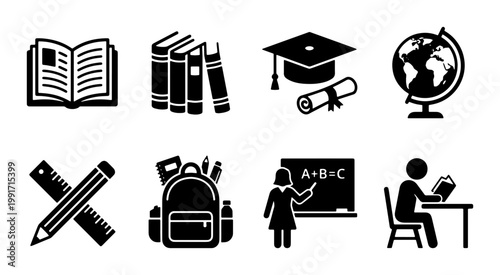 Education and school icon set, 8 black vector symbols for learning and graduation, academic study elements for classroom teaching and university