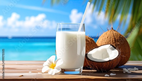 Coconut drink and fruit on a tropical beach table
