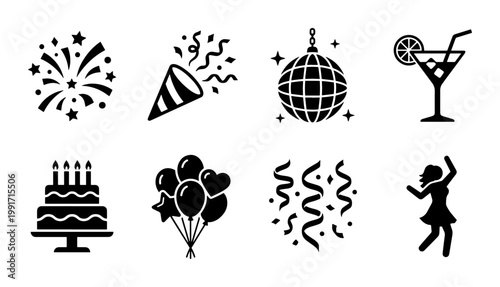 Party and celebration icon set, black solid party symbols including disco ball and fireworks, 8 birthday event vector icons for nightlife and festivals