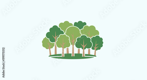 A cluster of stylized trees with green canopies and brown trunks on a light blue background