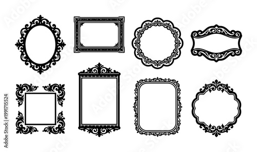 Vintage ornate frames collection, set of 8 black decorative borders, elegant baroque mirror frames, victorian filigree vector elements for invitations
