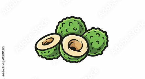 A cluster of textured green fruits, one halved to reveal a light interior and brown seed