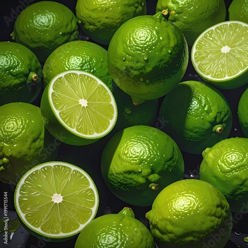 Bright, juicy, green citrus fruit arranged closely