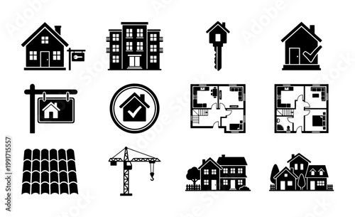 Real estate icons set, black house and apartment building symbols, 12 construction and property management vector elements for web and app design