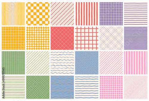 Hand drawn geometric striped grid checkered seamless regular patterns big set. Doodle uneven artistic lines, diagonal wavy pinstripes stripes bars streaks waves. Check chess plaid square backgrounds