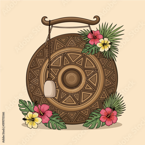 Traditional ornate gong decorated with tropical hibiscus flowers and palm leaves on a plain background