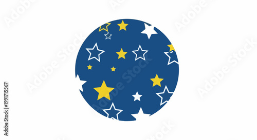 A blue circle filled with scattered yellow and white stars of various sizes, some outlined