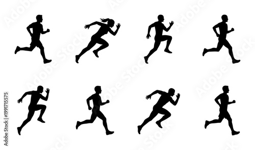 Running man silhouette set, 8 athlete sprinting vector icons, black male and female joggers in motion, fitness and marathon competition graphics
