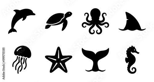 Marine life silhouette icons set, black sea animal vector collection, aquatic creature symbols including dolphin, turtle, shark and octopus