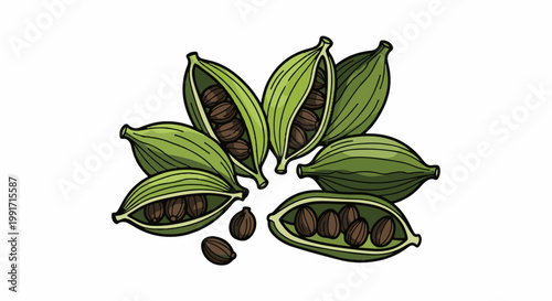 A cluster of vibrant green cardamom pods, some split open to reveal dark brown seeds inside