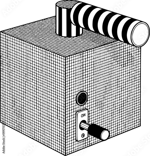Detailed black and white grid patterned box with protruding cylindrical object and lever isolated on white background
