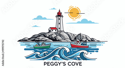 A coastal scene with a lighthouse, two boats on the water, and crashing waves under a sunny sky