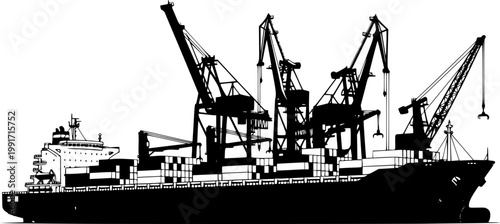 Large cargo ship docked at a port with cranes silhouette isolated on white background
