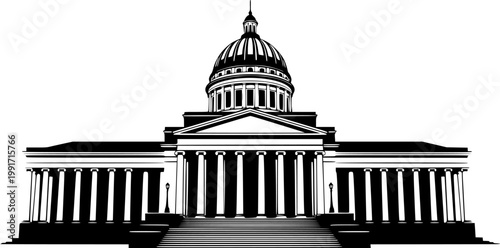 Black silhouette of a large domed building with columns and steps isolated on white background
