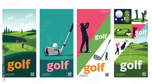 Set of golf posters with different scenes, professional golf players, golf clubs and balls, vector illustration