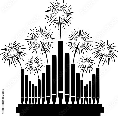 Minimalist silhouette of a fireworks exploding organ pipe musical instrument flat design isolated on white background
