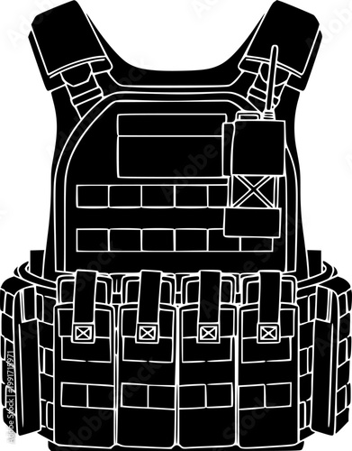 Black tactical bulletproof vest silhouette with white outline isolated on white background

