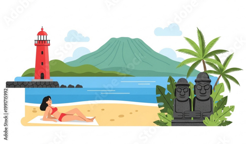 Jeju Island postcard vector with Hallasan mountain lighthouse stone statues and beach woman travel illustration