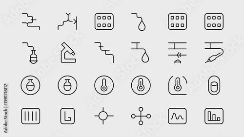 Lab on a chip and medical diagnostic icons - Perfect for pharmaceutical industry news, clinical trials, or biomedical engineering.