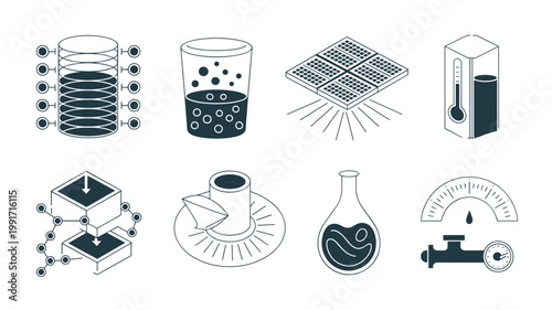 Biofuel production and photobioreactor icons - Great for agricultural tech reports, climate change solutions, or bioengineering UI.