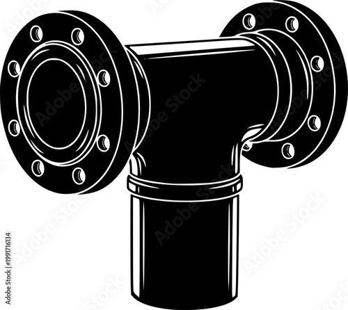 Black silhouette of a T-shaped pipe fitting with flanges on a isolated on white background

