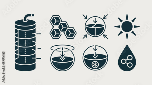 Algae biofuel and photobioreactor icons - Ideal for renewable energy tech, bioengineering research, or sustainable fuel infographics.