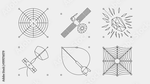 Satellite tracking and orbital debris icons - Suitable for aerospace engineering diagrams, satellite safety manuals, or tech icons.