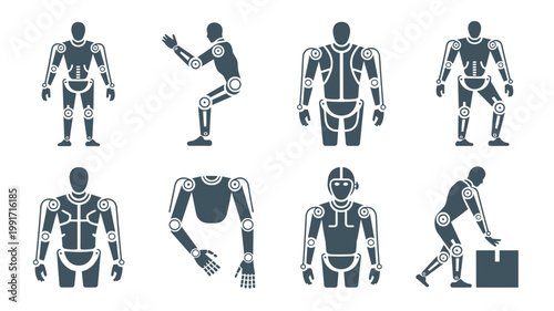 Power exoskeleton and lifting assist icons - Suitable for ergonomics studies, manufacturing tech reports, or future of work infographics.