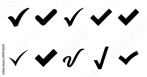 Black check mark icon set, 10 vector validation symbols, minimalist tick marks for checklist and approval, simple confirm signs on white background