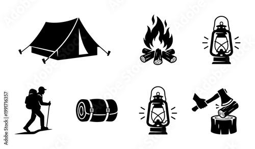 Camping icons set with black silhouettes, outdoor adventure equipment vector collection, hiking and wilderness survival elements for travel design