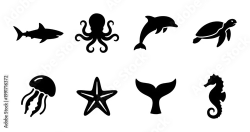 Marine life silhouette icons, set of 8 sea animal vector symbols, black aquatic creature illustrations including shark, octopus, dolphin, and turtle