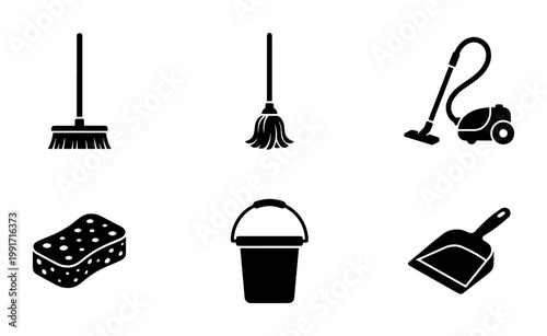 Cleaning service icons set, black silhouette housekeeping tools, 6 vector elements including vacuum and broom, janitorial equipment symbols