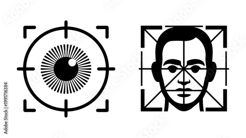 Bold iris and facial recognition symbols - Ideal for biometric login screens, access control manuals, or futuristic tech reports.