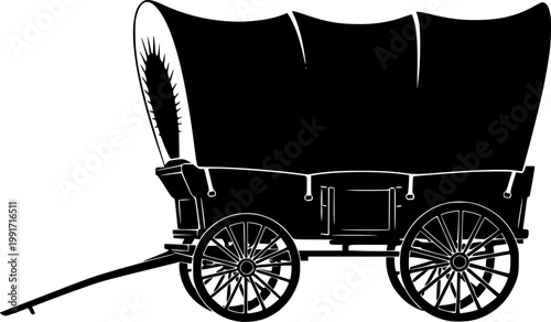 Black silhouette of a covered wagon isolated on white background
