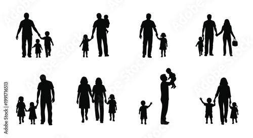 A collection of diverse family silhouettes featuring parents and children walking and playing together, a heartwarming vector illustration.