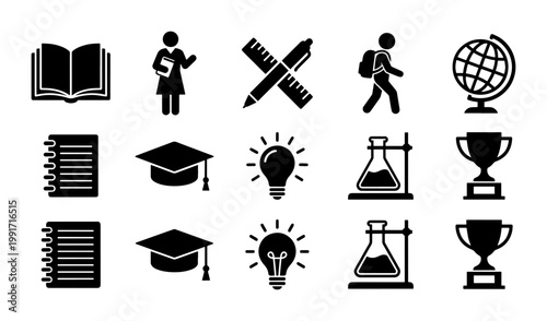 Education icon set with 15 black vector elements, school and university symbols, academic learning and teaching graphics for web design