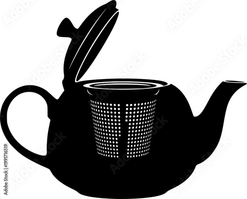 Black silhouette of a teapot with strainer isolated on white background
