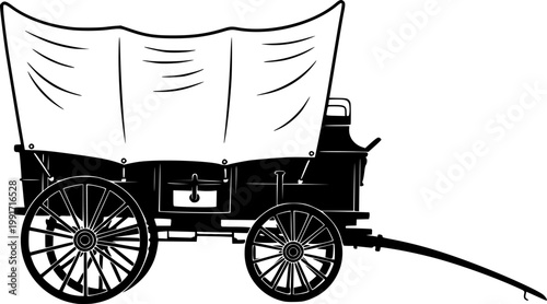 Black silhouette of a covered wagon isolated on white background
