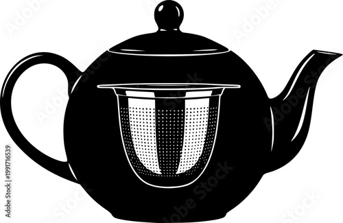 Black silhouette of a teapot with strainer isolated on white background
