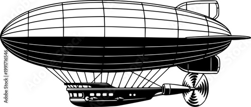 Vintage Airship Silhouette with Propeller and Gondola isolated on white background
