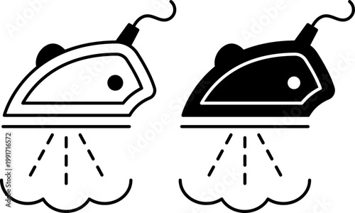 Steam iron icon set showing outline and solid styles for various uses in design projects
