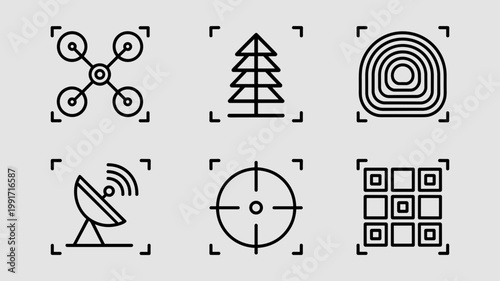 Precision forestry and drone mapping icons - Ideal for agritech platforms, forest management reports, or topographic surveying apps.