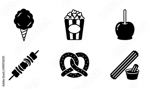 Fairground food icons set, carnival snack vector collection, black silhouette carnival treats including popcorn and cotton candy, 6 vector elements