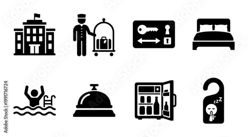 Hotel service icons set, black hospitality symbols vector collection, travel and accommodation signs for tourism apps and web design