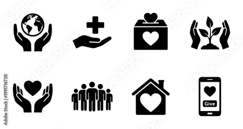 Charity and donation icon set, 8 black solid vector symbols for non-profit organizations, humanitarian aid and community support graphics