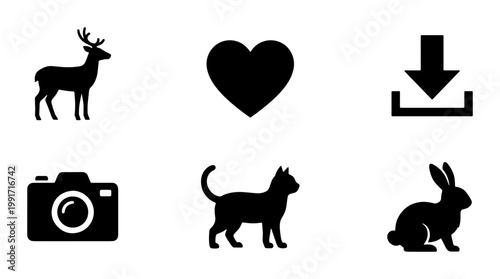 Minimalist black silhouette icons set, collection of 6 vector symbols including deer, cat, rabbit, camera, heart, and download arrow for web design