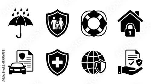 Insurance icon set with black vector symbols, family protection and life safety icons, car and home security graphics for financial services