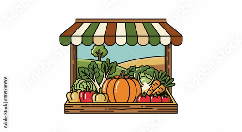 A colorful farm stand displays a bountiful harvest of fresh vegetables under a striped awning