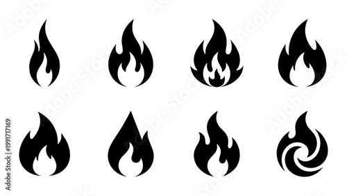 Black flame icons set, minimalist fire silhouette collection, 8 vector bonfire symbols, flat heat and energy graphic elements for logo design